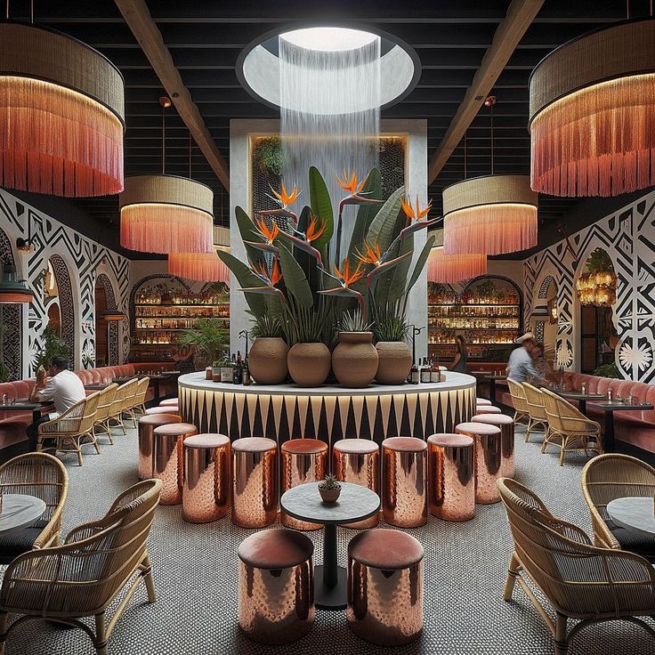 the interior of a restaurant with tables, chairs and plants in vases on the wall