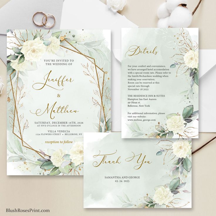 two wedding cards with flowers and leaves on them, next to a bouquet of flowers