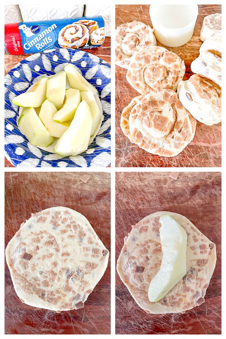 four pictures showing different types of food on a wooden table, including pancakes and apple slices