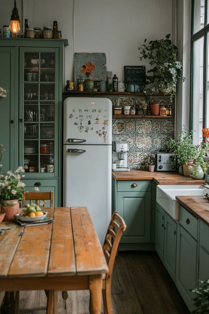 an old fashioned kitchen with green cabinets and wooden table in front of the refrigerator, surrounded by potted plants