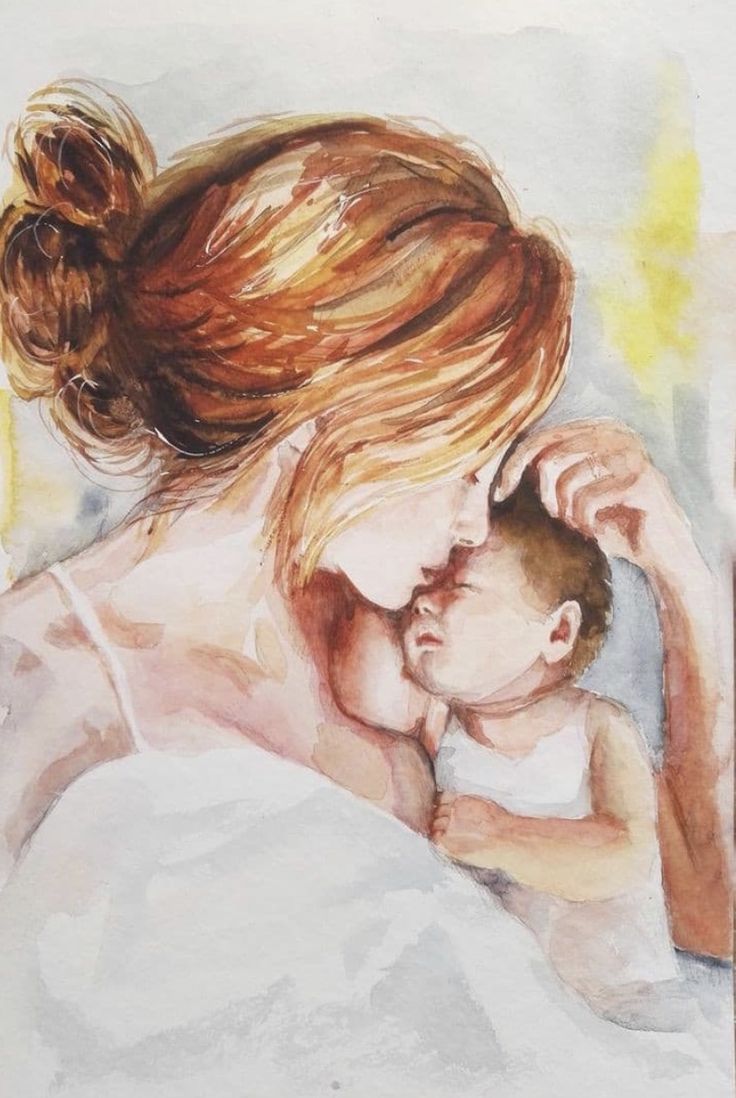 a watercolor painting of a woman holding a baby