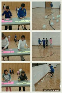 several pictures of children playing with balls on a table in an indoor gym, one boy is hitting the ball