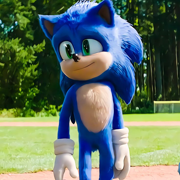 sonic the hedgehog is standing in front of a baseball field with trees in the background