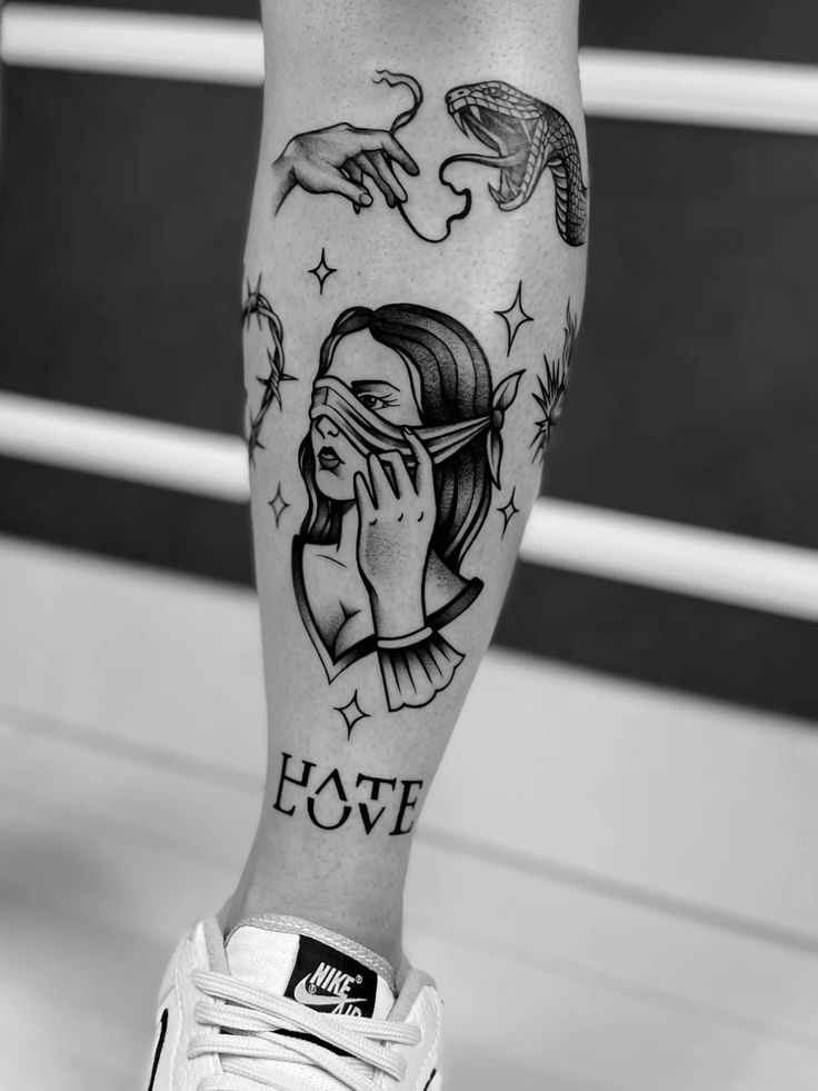 a woman's leg with tattoos on it and the words love written in black ink