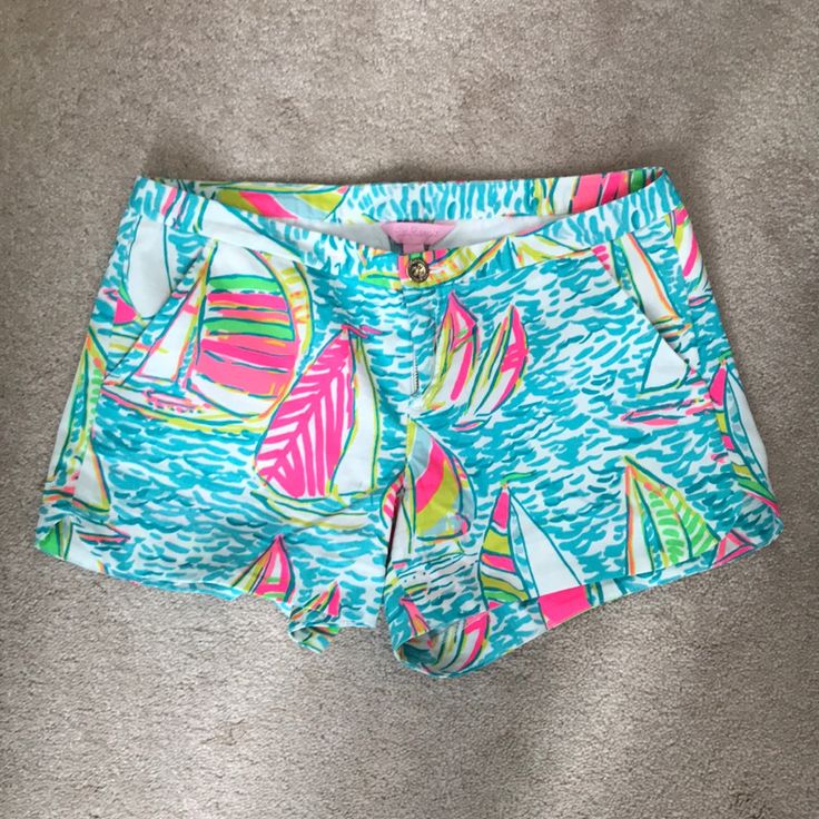 Never Worn Printed Shoes With Pockets! Beautiful Sailboat Print With Vibrant Colors Fun Short Bottoms For Vacation, Cute Green Beach Shorts, Fun Blue Shorts For Vacation, Preppy Bottoms With Built-in Shorts For Summer, Fun Spring Vacation Bottoms, Fun Pink Shorts For Summer, Fun Pink Summer Shorts, Preppy Summer Bottoms For Day Out, Fun Pink Shorts For Vacation