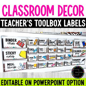 classroom decor teacher's toolbox labels editible on powerpoint option for each class