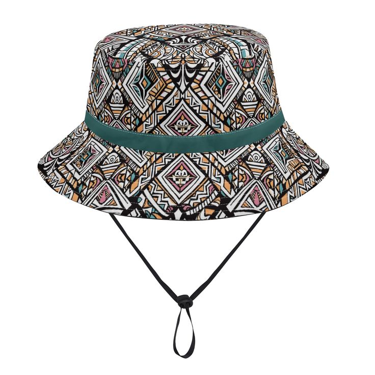 This Geotribal Matrix Bucket Hat with Adjustable String is a foldable and packable bucket hat, ideal for easy outdoor carrying, featuring a convenient adjustable drawstring and crafted from polyester material for durability. The design showcases a Geotribal Matrix pattern with a sophisticated interplay of geometric tribal motifs in a harmonious and earth-toned color scheme, accentuated by touches of teal, black, and white. The patterns are arranged in a structured, symmetrical fashion, creating Adjustable Curved Brim Bucket Hat For Camping, Adjustable Bucket Sun Hat For Camping, Adjustable 5-panel Bucket Hat For Outdoor, Adjustable Packable Summer Bucket Hat, Adjustable Bucket Hat With Short Brim For Travel, Summer Bucket Hat For Outdoor Activities, 5-panel, Adjustable Brimmed Bucket Hat For Camping, Adjustable Bucket Hat For Camping, Summer 5-panel Bucket Hat For Outdoor Activities