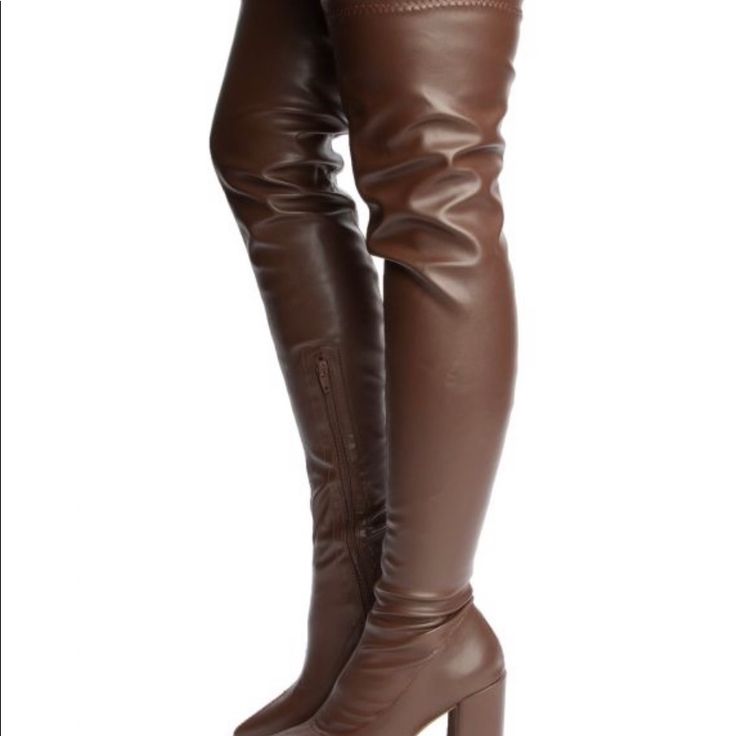 Thigh High Boots /Heels Brown Winter Faux Leather Thigh High Heeled Boots, Thigh High Faux Leather Heeled Boots For Winter, Thigh High Wide Calf Platform Boots For Fall, Wide Calf Thigh High Platform Boots For Fall, Wide Calf Thigh-high Platform Boots For Fall, Thigh-high Wide Calf Platform Boots For Fall, Fall Fitted Faux Leather Knee-high Boots, Fitted Faux Leather Heeled Boots For Fall, Brown Knee-high Boots For Spring