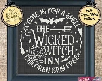 a cross stitch pattern with the words'come in for a spell, the wicker witch