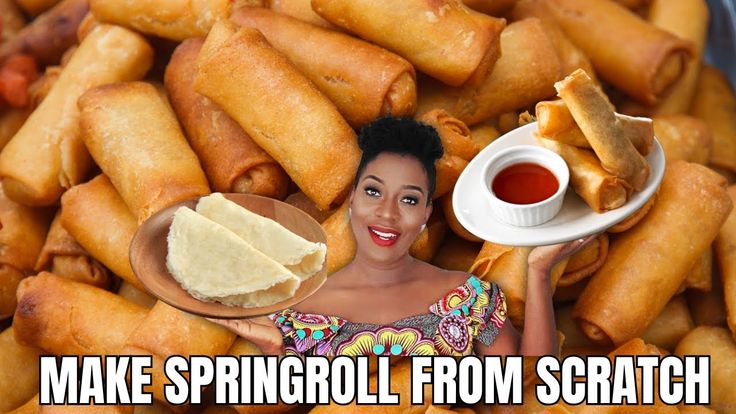 a woman holding a plate with food on it and the words make spring rolls from scratch