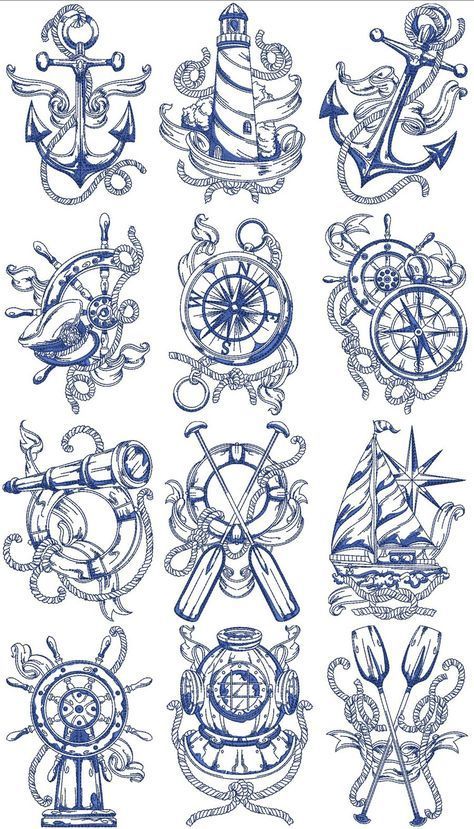 various types of boats and ships in blue ink