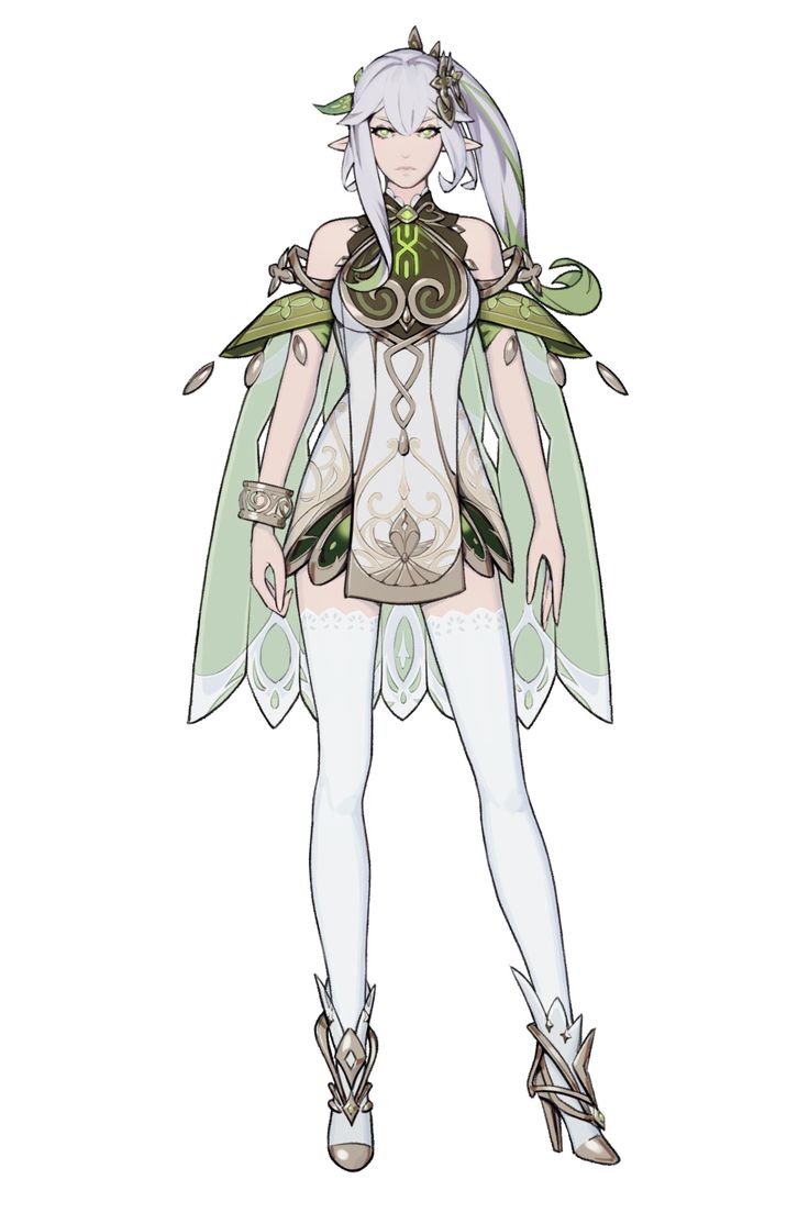 an anime character with white hair and green wings, standing in front of a white background