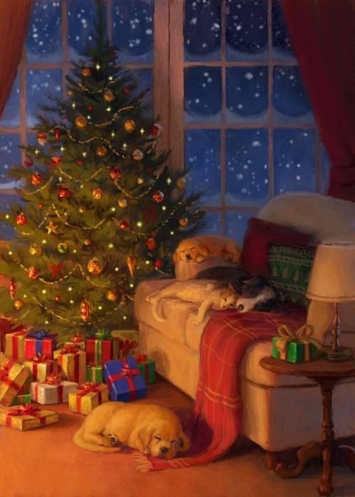 a painting of a dog sleeping next to a christmas tree with presents on the floor