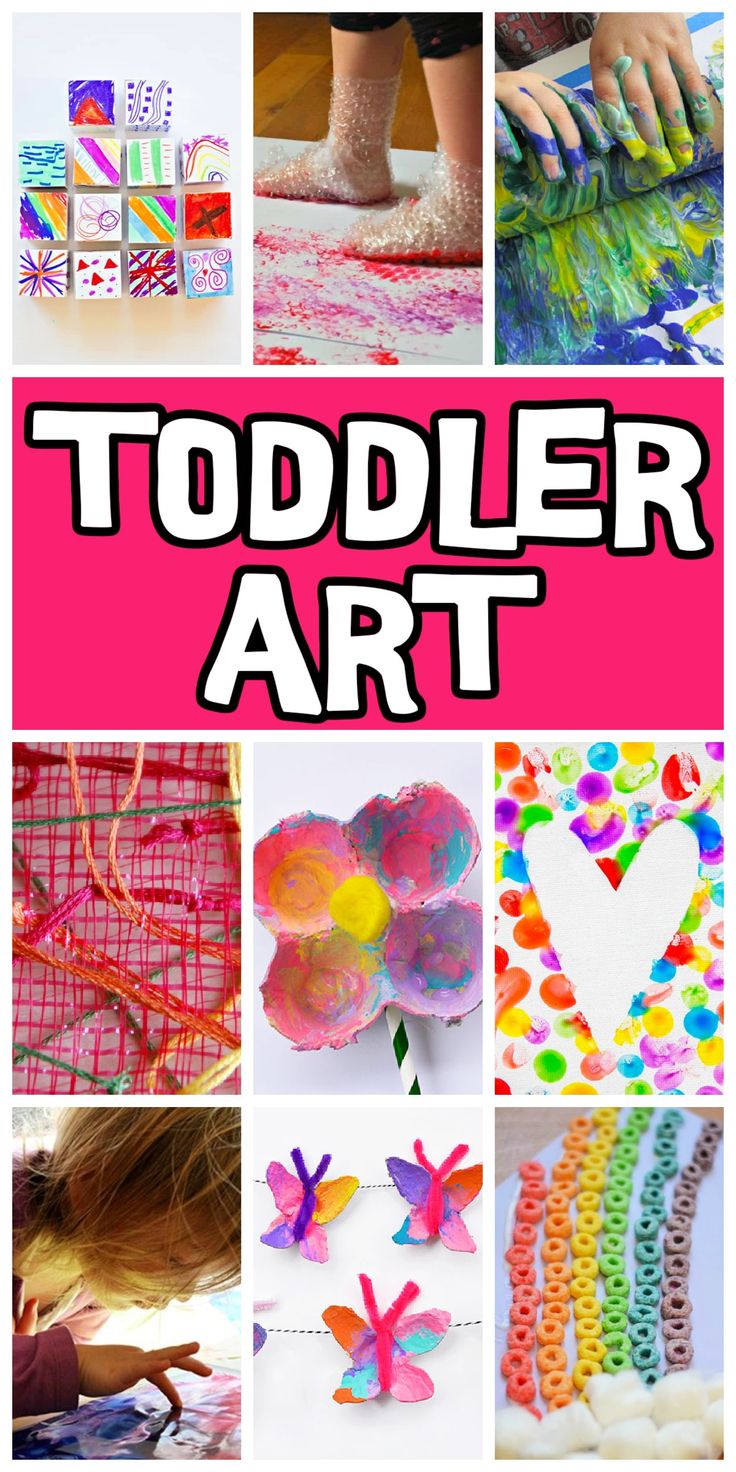 a collage of toddler art images with text overlay that reads toddler art