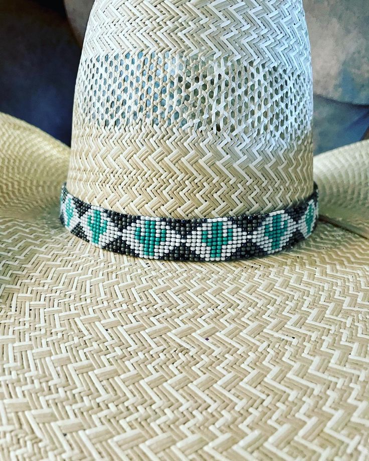 "3/4\" wide All bead work is beaded with 10lb extreme braided nylon line. All hat bands are finished at 23\" with glued than sewed down leather ends and an adjustable leather tie." Western Style Braided Hat Bands For Flat Brim, Handmade Artisan Adjustable Hat Bands, Braided Hat Bands For Festivals With Flat Brim, Artisan Beaded Adjustable Hats, Custom Adjustable Summer Hat Bands, Southwestern Beaded Hats For Country Events, Braided Western Hat Bands, Adjustable Woven Hat For Country Events, Adjustable Braided Bohemian Hat Bands