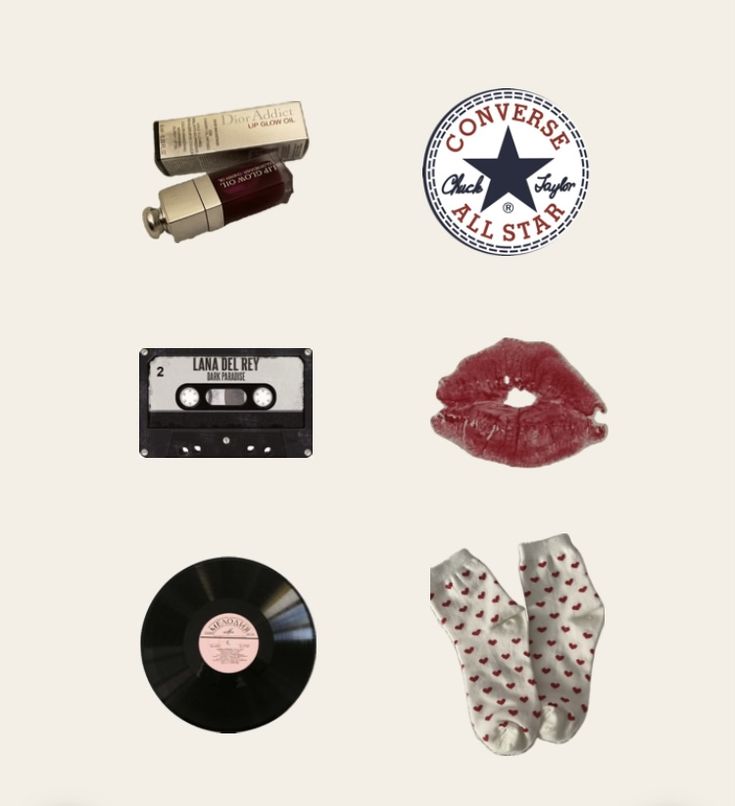 various items are arranged in the shape of a circle, including an old record, lipstick, and socks