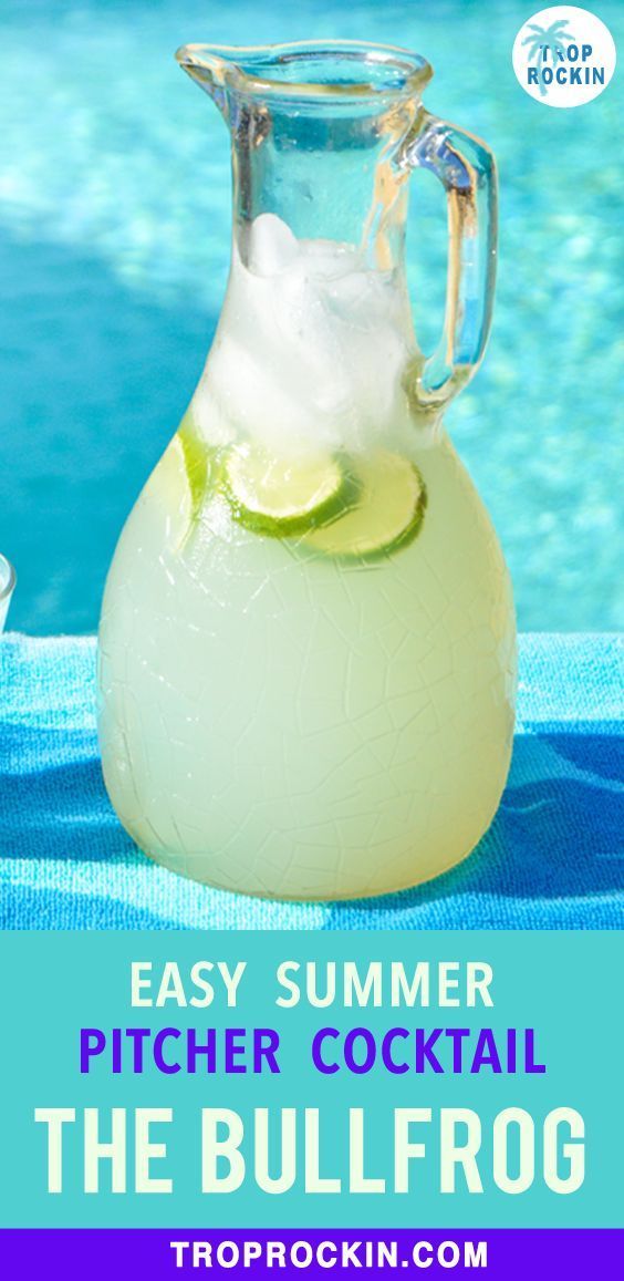 a pitcher filled with ice next to a swimming pool and text that reads easy summer pitcher cocktail the bullfrog