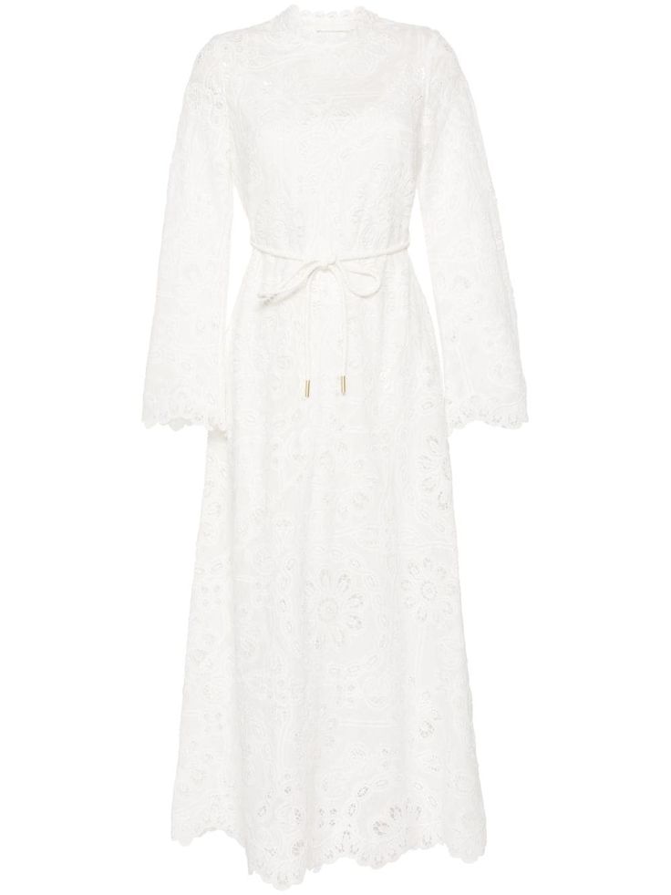 ivory white cotton broderie anglaise high neck shoulder zip fastening long sleeves belted waist A-line skirt scallop hem detachable slip dress Chic Belted Lace Dress, Chic Lace Belted Dress, Elegant Broderie Anglaise Midi Dress, Chic Midi Dress With Scalloped Lace For Daywear, Spring Wedding Belted Midi Dress, Chic Long Sleeve Midi Dress With Broderie Anglaise, Spring Daywear Midi Dress With Scalloped Lace, Spring Midi Dress With Scalloped Lace For Daywear, Spring Scalloped Lace Midi Dress For Daywear