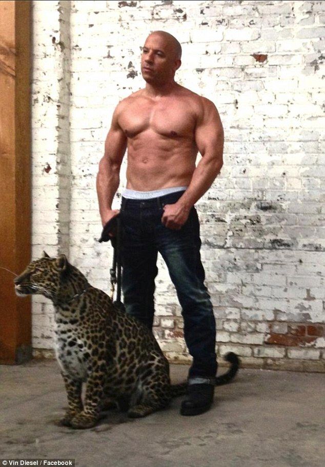 a man with no shirt standing next to a leopard on a leash and wearing jeans