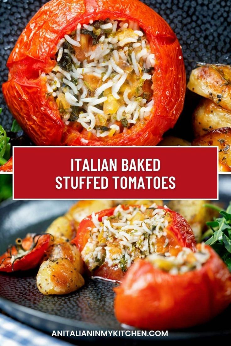 italian baked stuffed tomatoes with parmesan cheese and herbs in the middle on a black plate