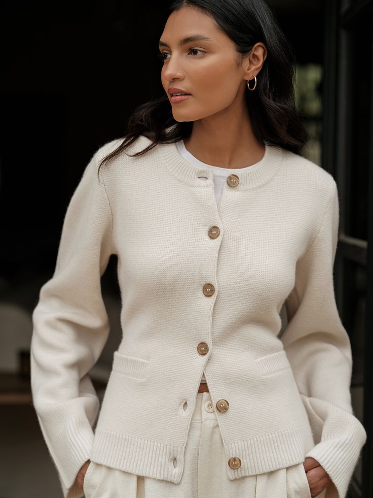 Elegant Beige Soft Knit Cardigan, Elegant Winter White Cardigan For Layering, Timeless Wool Sweater For Fall, Elegant Winter Sweater Coat For Everyday Wear, Elegant Fall Sweater For Daywear, Elegant Long-sleeved Merino Wool Sweater Coat, Elegant Long Sleeve Merino Wool Sweater Coat, Elegant Sweater With Ribbed Cuffs, Elegant Soft Knit Cardigan For Daywear