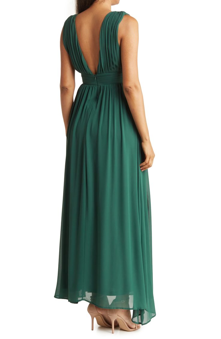 Dreamy pintucking shapes the bodice of this ethereal chiffon maxi dress that's perfect for weddings and other special occasions. 59" length (size S) V-neck Sleeveless Back zip closure 100% polyester Machine wash, dry flat Imported Model Stats: 5'10" height; 34" bust; 27" waist; 35" hips. Model is wearing size S. V-neck Maxi Dress With Pleated Back For Wedding, Green V-neck Maxi Dress For Prom, V-neck Evening Dress With Pleated Back For Wedding, Wedding Evening Dress With Pleated Back And V-neck, Chiffon Maxi Dress With Ruched Bodice And V-neck, Chiffon Maxi Dress With Pleated Bodice For Prom, Prom Season Chiffon V-neck Maxi Dress, Chiffon V-neck Maxi Dress For Prom Season, Chiffon V-neck Gown For Gala