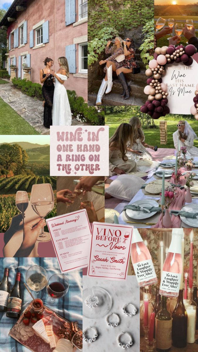 a collage of photos with wine, food and other things to eat on the table