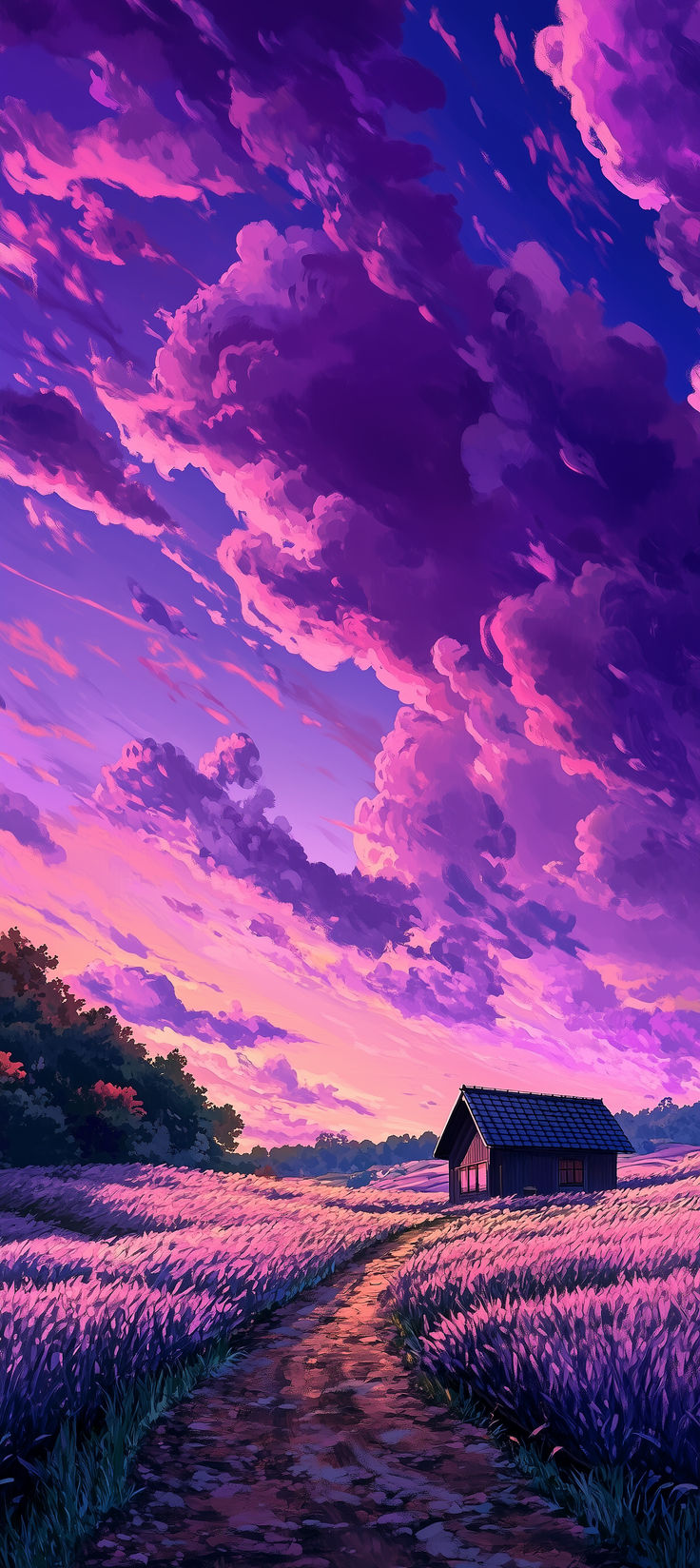 a painting of a lavender field with a house in the distance and purple clouds above