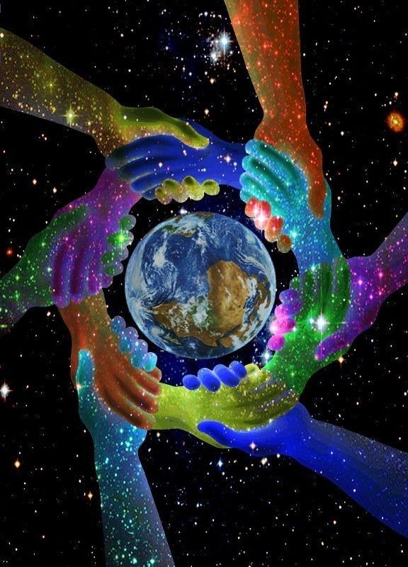 many hands are holding the earth in space