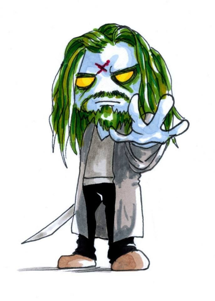 a cartoon character with green hair and yellow eyes holding his hand up to his face