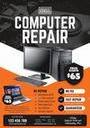 the computer repair flyer is displayed on an orange and black background with information about it