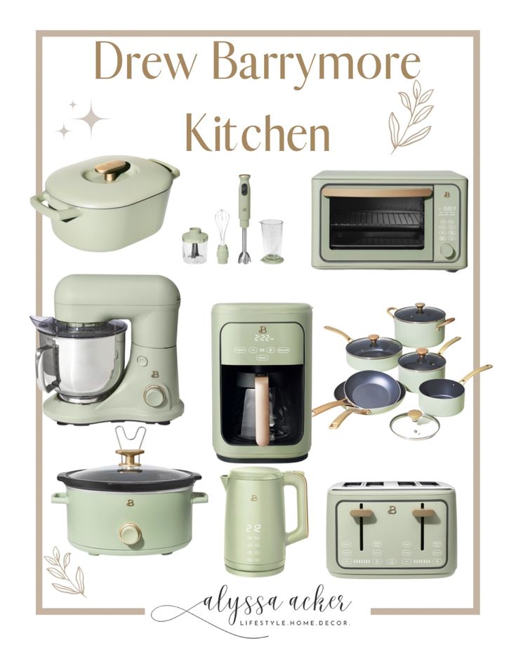 an advertisement for a kitchen with green appliances and pots on the stove, microwave, toaster oven, coffee pot, tea kettle, etc