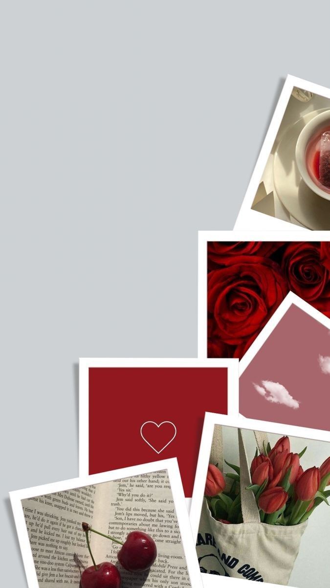 red roses in a vase and some pictures with hearts on them are arranged next to each other