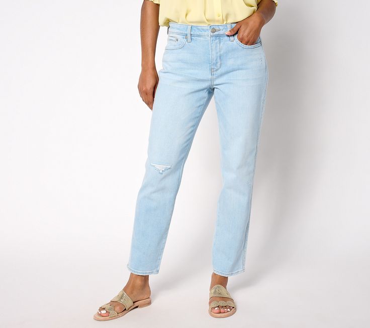 Introduce this cool, new style into your daily denim wardrobe for a look that's flattering and on-trend. This slimming pair of jeans sits right at the natural waist with a tapered silhouette and a hem that hits at the ankle. Team it with a T-shirt and chunky-sole sneakers for a trip to the farmer's market or a printed button-front blouse and strappy sandals for a casual Friday at the office. From NYDJ. Spring Casual Cropped Jeans With Standard Cut Leg, Spring Casual Cropped Jeans With Standard Cut, Spring Casual Cropped Jeans, Spring Medium Wash Cropped Jeans, Spring Jeans With Frayed Hem And Tapered Leg, Spring Tapered Leg Jeans With Frayed Hem, Casual Jeans With Standard Cut Leg For Spring, Casual Standard Cut Leg Jeans For Spring, Casual Cropped Jeans For Spring