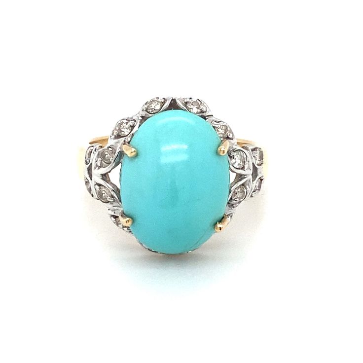 Item Details: This ring features a bright blue Persian turquoise stone with accent diamonds. The turquoise is set in 4 prongs and has beautiful diamond accent detailing and subtle etching on the gallery. The contrast between white and yellow gold against the diamonds and turquoise is a lovely touch!   Circa: 2000s Metal Type: 14k white gold Weight: 5.3g Size: US 8, resizable   Payment & Refund Details: *More Pictures Available on Request* Payment via Visa/Mastercard/Discover/AmericanExpress, che Luxury Formal Blue Turquoise Ring, Luxury Yellow Gold Turquoise Ring With Accent Stones, Turquoise Diamond Ring With Center Stone, Formal Turquoise Rings With Gemstone Accents, Turquoise Diamond Rings With Gemstones, Formal Fine Jewelry Turquoise Ring With Accent Stones, Turquoise Diamond Rings Fine Jewelry, Fine Jewelry Turquoise Ring With Diamond Accents, Fine Jewelry Turquoise Ring With Center Stone