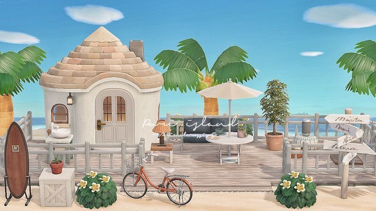 a painting of a house on the beach with surfboards and bicycles parked in front of it