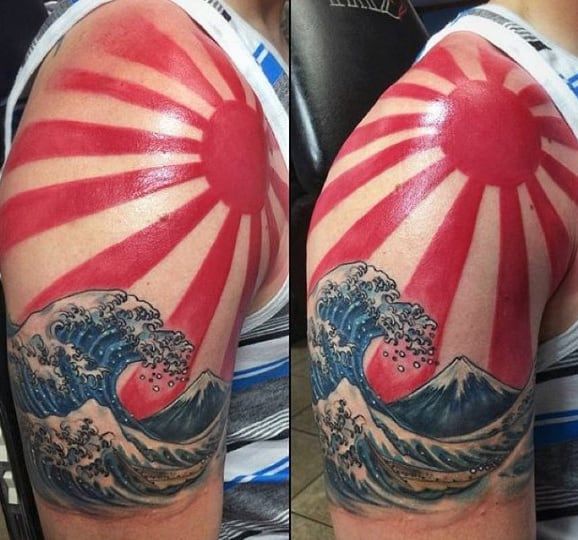 Japanese Rising Sun Tattoo, Sun Tattoo Sleeve, Rising Sun Tattoo, Japanese Sun Tattoo, Rising Sun Tattoos, Japanese Rising Sun, Suit Tattoo, Tattoo Sonne, Tree Tattoo Men