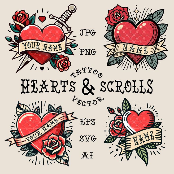 heart tattoos and scroll designs with roses on the sides, ribbons and hearts around them