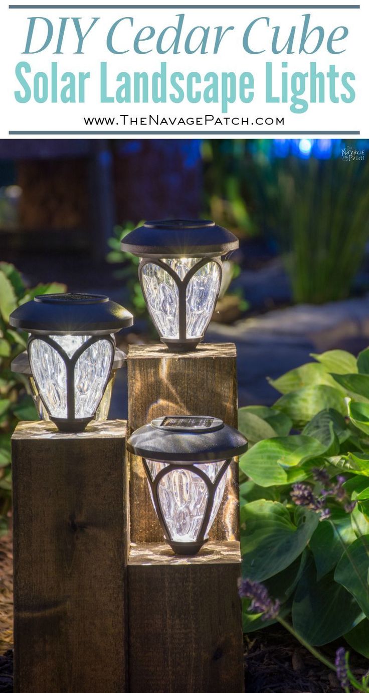 three lights are sitting on wooden blocks in the garden