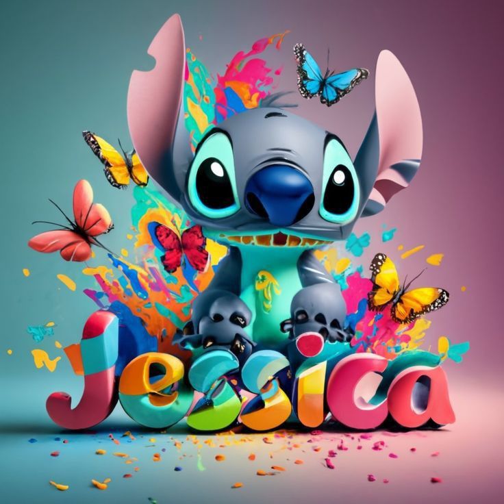 an image of a cartoon character with butterflies on it's head and the word jesica written in colorful letters