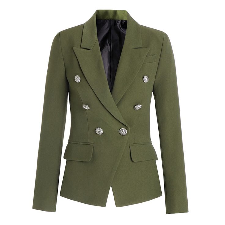 The classic and simple lines of this viscose blend sand cady double-breasted jacket are overturned by retro details. Its tight-fit, concave shoulders and the large lapel remind of Bianca Jagger’s 70’s style. Metal jewel buttons fastening. Two flap pockets. Jungle-print lining. Young Professional Outfits Casual, Green Suit Jacket, Young Professional Outfits, Black And White Office, Designer Shawl, Short Coats Women, 70’s Style, Ladies Blazer, White Office