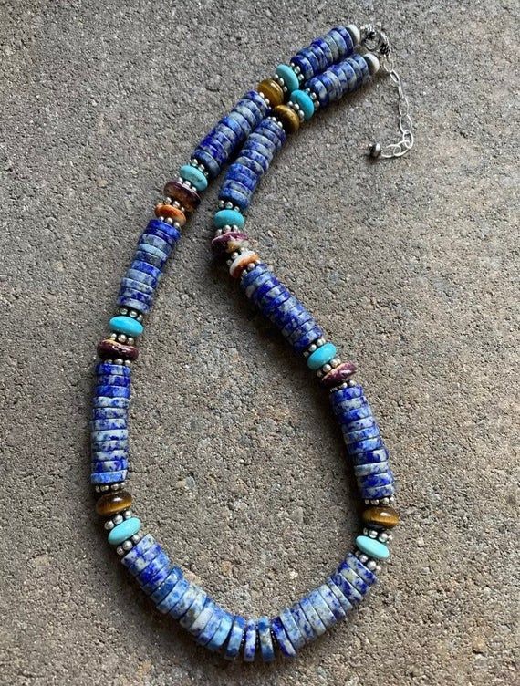 Sterling Silver Lapis Bead Necklace. 18 inch Bohemian Single Strand Lapis Lazuli Necklace, Southwestern Single Strand Beads For Gifts, Bohemian Single Strand Lapis Lazuli Beaded Necklace, Bohemian Single Strand Round Beads, Heishi Beads Necklace With Polished Round Beads, Artisan Beaded Necklace With Gemstone Beads, Southwestern Style Polished Beads Necklace For Gift, Southwestern Style Polished Beaded Necklace For Gifts, Southwestern Style Polished Bead Necklace For Gifts