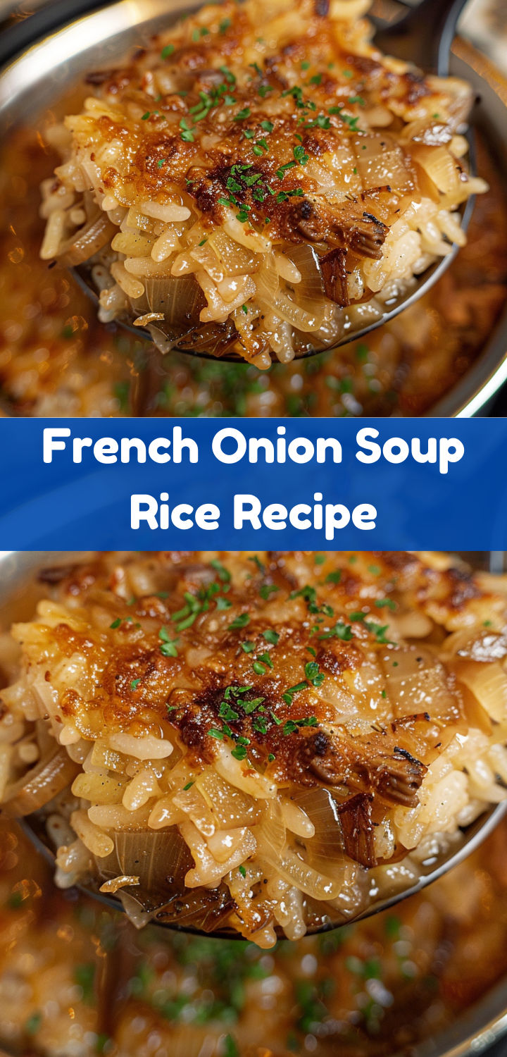 french onion soup with rice in a silver bowl and on a blue background text reads, french onion soup rice recipe