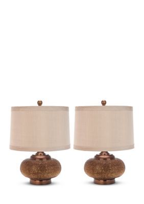 a pair of lamps sitting next to each other