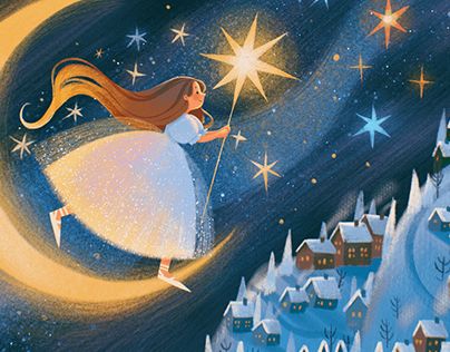 a painting of a girl flying in the sky on a star filled night with stars