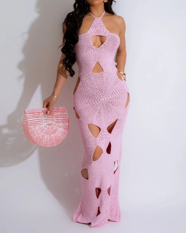 PINK CROCHET MIDI DRESS WITH INTRICATE WOVEN DESIGN AND HALTER TIE AND BACK TIE Wedding Swimwear, Midi Dress Pink, Crochet Midi Dress, Crochet Pink, Crochet Midi, Diva Boutique, Minimal Accessories, Crochet Maxi Dress, Pink Out