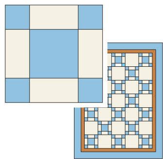 two blue and white squares are next to each other on the same tile flooring