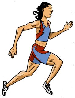 a woman running in a blue and red uniform