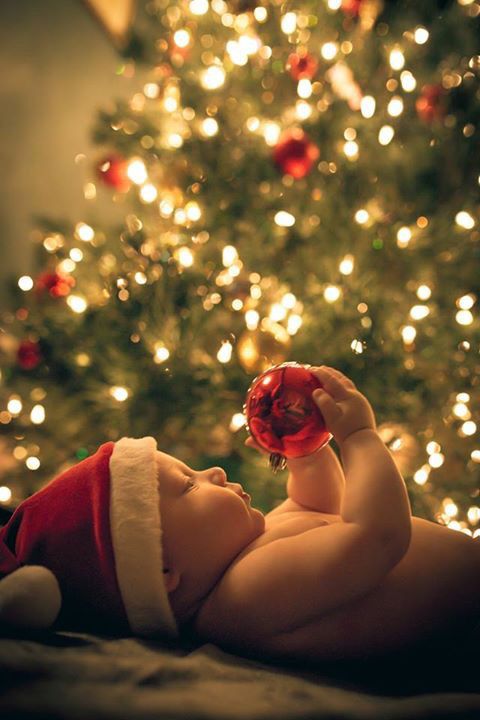 a baby laying in front of a christmas tree with a red ornament on it's head