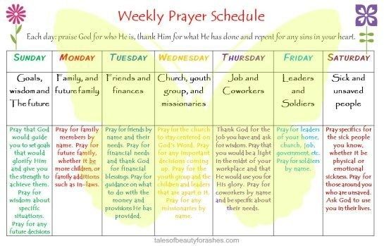 a weekly prayer schedule with butterflies and flowers on the side, including words that say it is